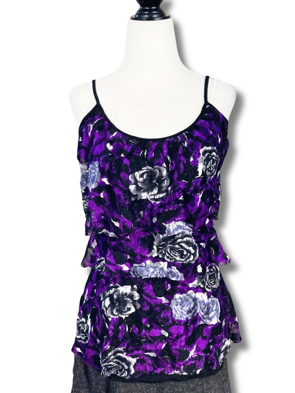WAREHOUSE ONE Tiered purple black floral lace spaghetti strap tank top XS SMALL